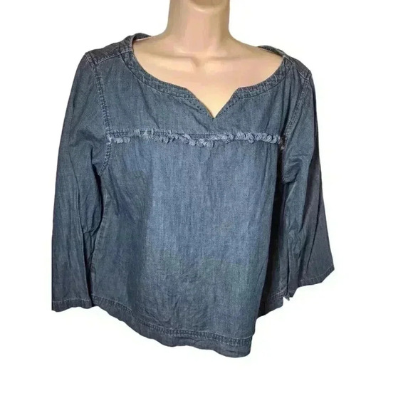 MADEWELL Denim Herald Tee Chambray Frayed Trim Blouse Blue Cotton Size L - Picture 2 of 10